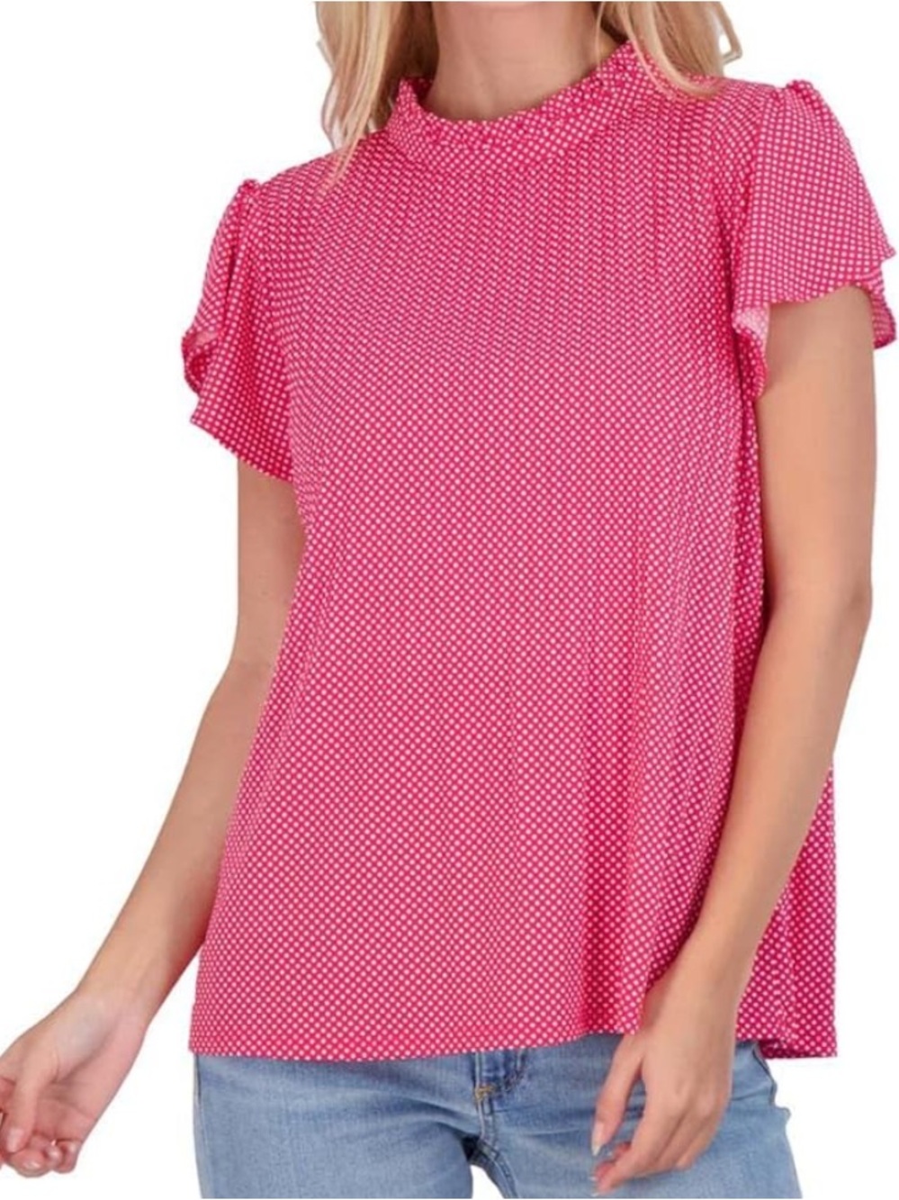 Adrianna Papell Ruffle Neck Pleated Knit Top Pink Polka Dot Short Sleeve L NWT